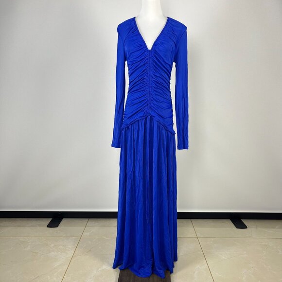 NWOT Farm Rio V Neckline Ruched Blue Maxi Dress Long Sleeves Size M - Picture 2 of 12